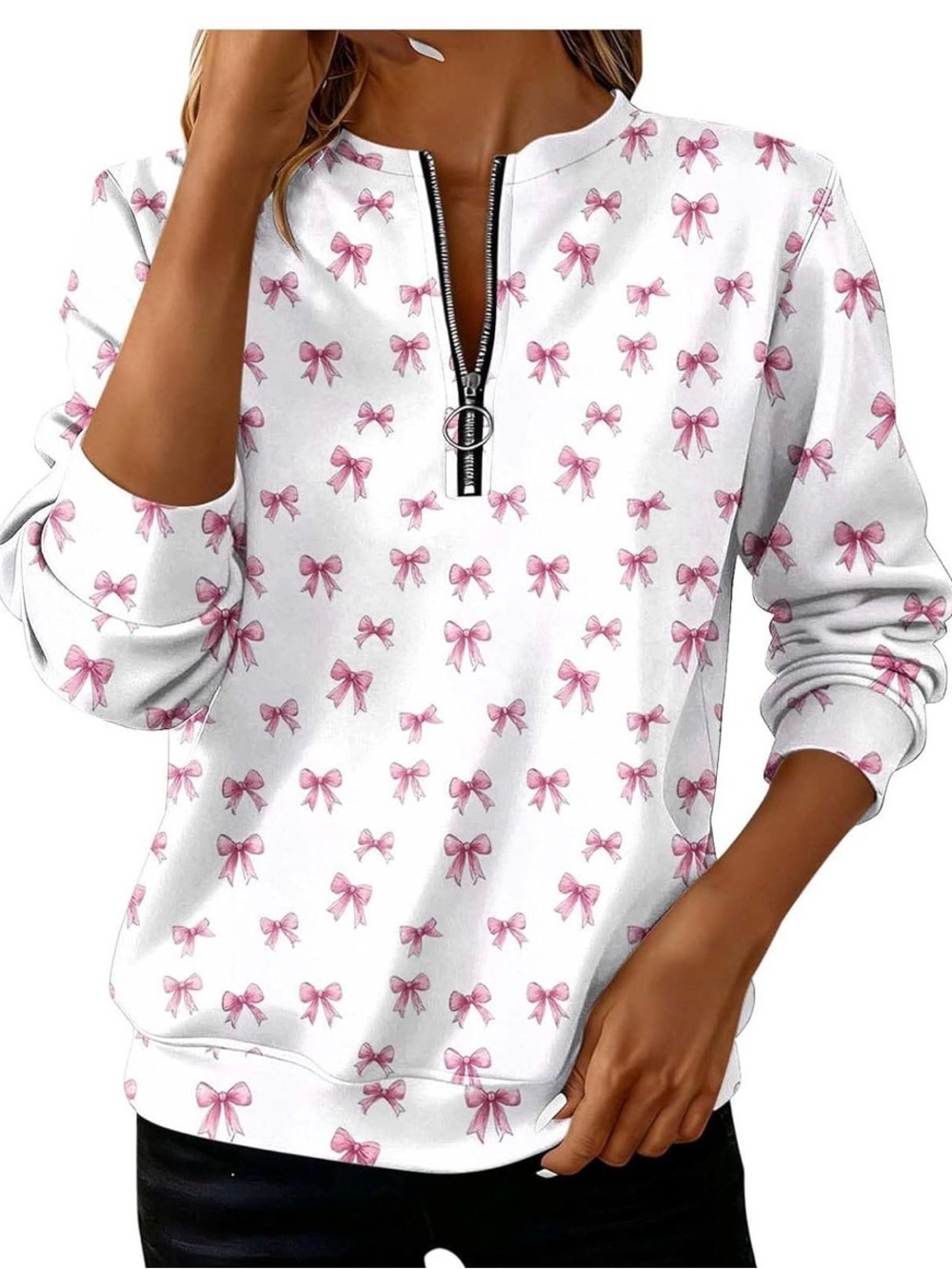 Brand New!  Never worn!  Zip-Front White Pullover Sweatshirt with Pink Bow Print